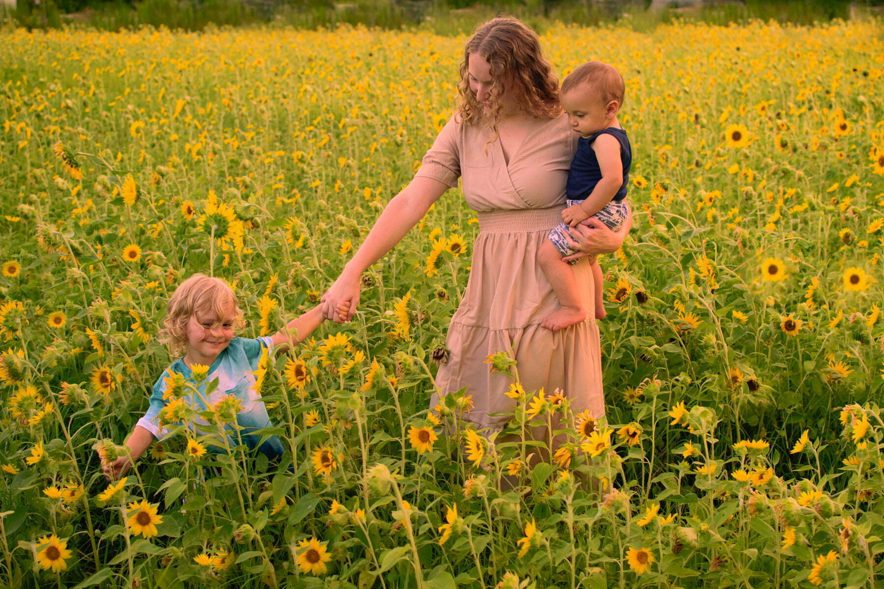 Candid family photography Holden Beach sunflower field NC.