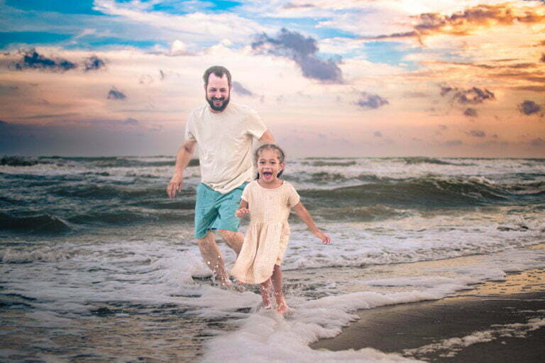 Lifestyle family photography portrait session on the beach in Oak Island, NC.