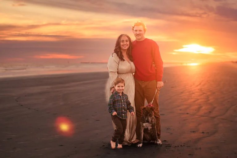Lifestyle family portrait photography session during golden hour Sunset Beach, NC.