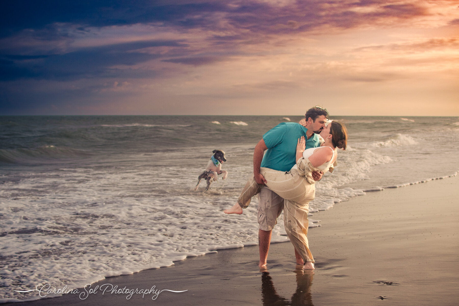 Colorful bold lifestyle couples adventure photography with dog Holden Beach, NC.