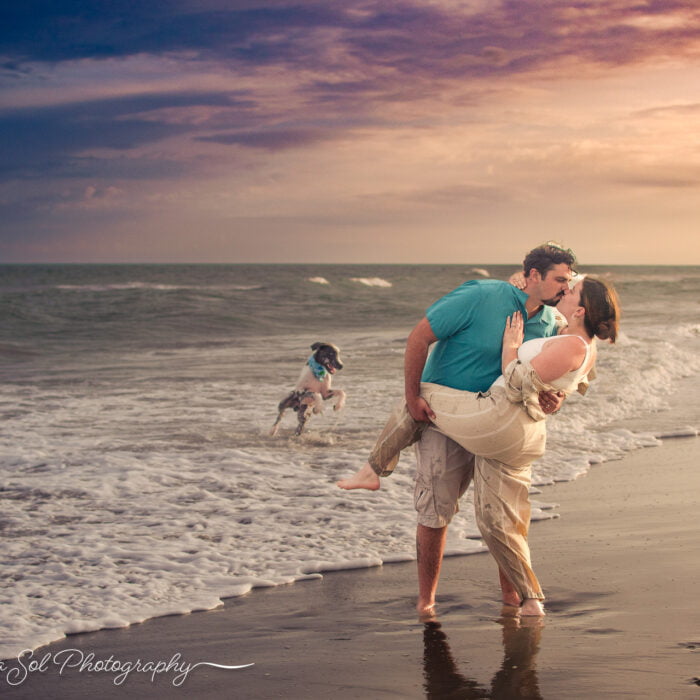 Colorful bold lifestyle couples adventure photography with dog Holden Beach, NC.