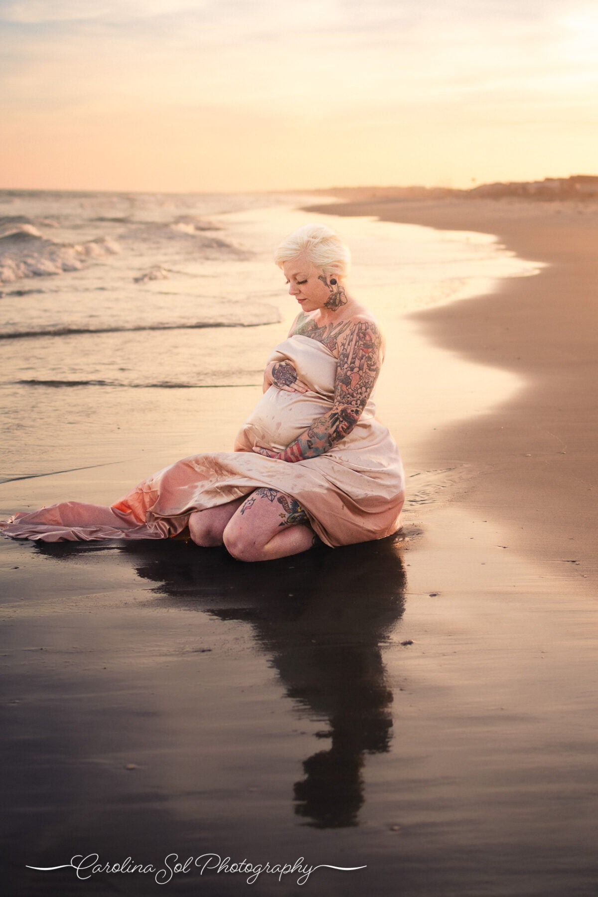 Professional maternity photographer reflection portraits Holden Beach NC.