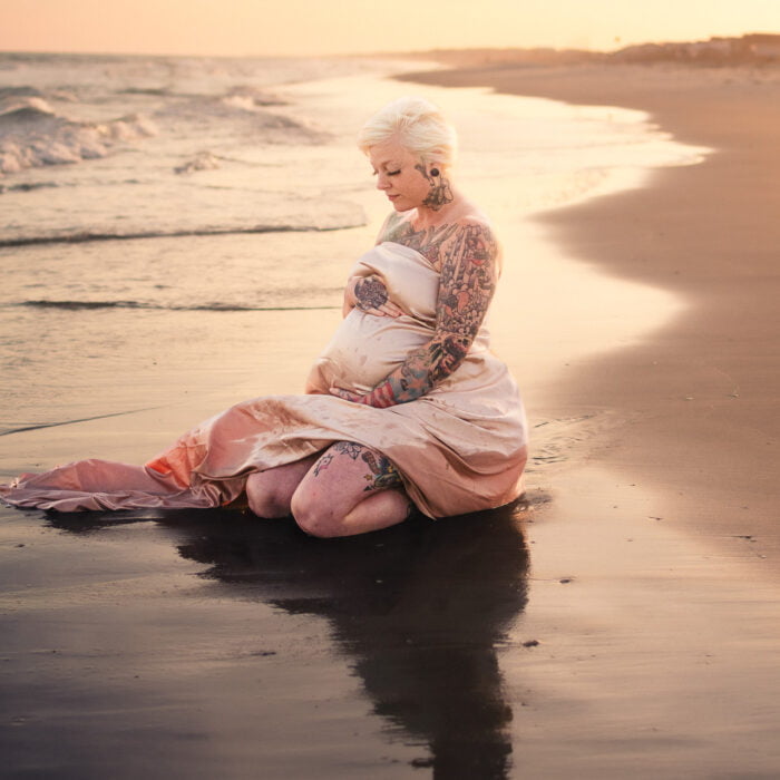Professional maternity photographer reflection portraits Holden Beach NC.