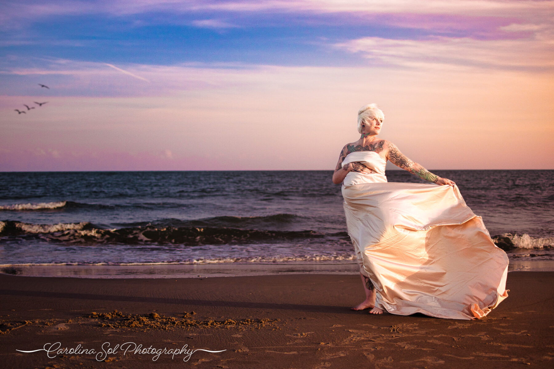 Holden Beach, NC maternity photographer golden dress.